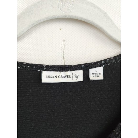 Susan Graver Black Sequined Liquid Knit Ruched Sleeve Top Size Large - Picture 3 of 6